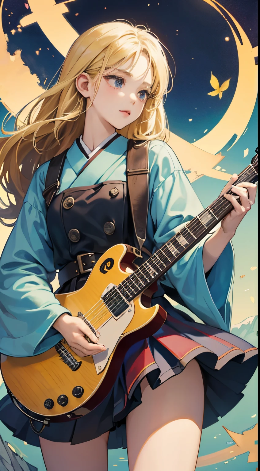 Carles Garcia O'Dowd, Nanae Chrono, Dadaism, Surreal, Mysterious, Strange, Fantastic, Fantasy, Sci-Fi, Japanese Anime, Allegory of the Triumph of Love, Cupid Playing the Guitar, Dancing Blonde Miniskirt Beautiful Girl, Alice, Arabesque, Elemental Symbols, details masterpiece