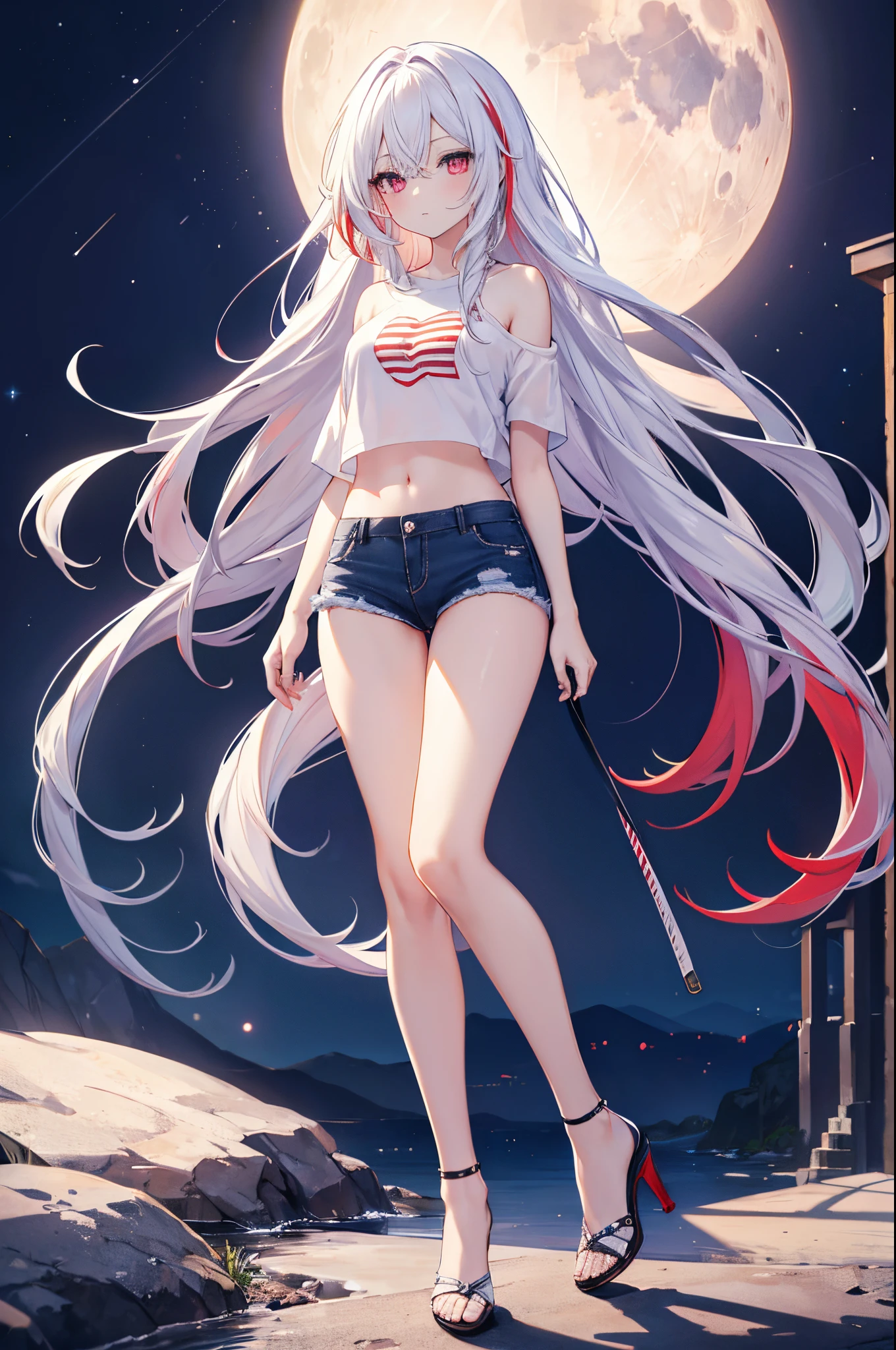 ((best quality)), ((masterpiece)), (detailed), perfect face, Solo, 1 girl, detailed eyes, shiny skin, shiny hair, red eyes, white hair, multicolored hair, parted bangs, bare shoulders, high heels, red steaked hair, ((tall)), ((very long hair)), flowing hair, full body, shiny hair, shiny skin, midriff, small breasts, American flag, night, moon, moonlight, white t-shirt with the american flag on it, short jeans,