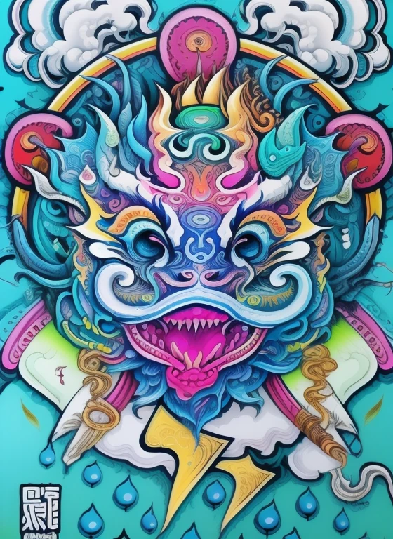 a close up of a colorful drawing of a dragon with a toothbrush, painting by android jones, ancient neon monster portrait, psychedelic laughing demon, asura from chinese myth, chris dyer, psytrance artwork, psychedelic art style, colorfull illustration, psychedelic illustration, psychedelic painting, android jones and chris dyer, nychos art aesthetic, by Android Jones, detailed art in color