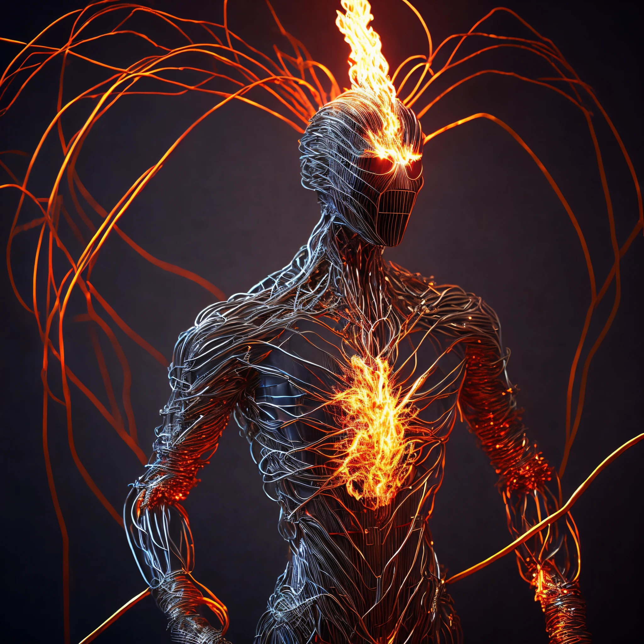 Close-up (Human figure Flame made of metal wires from Marvel in Christmas style: 1.3) emerging from the volcano, well detailed, volumetric light