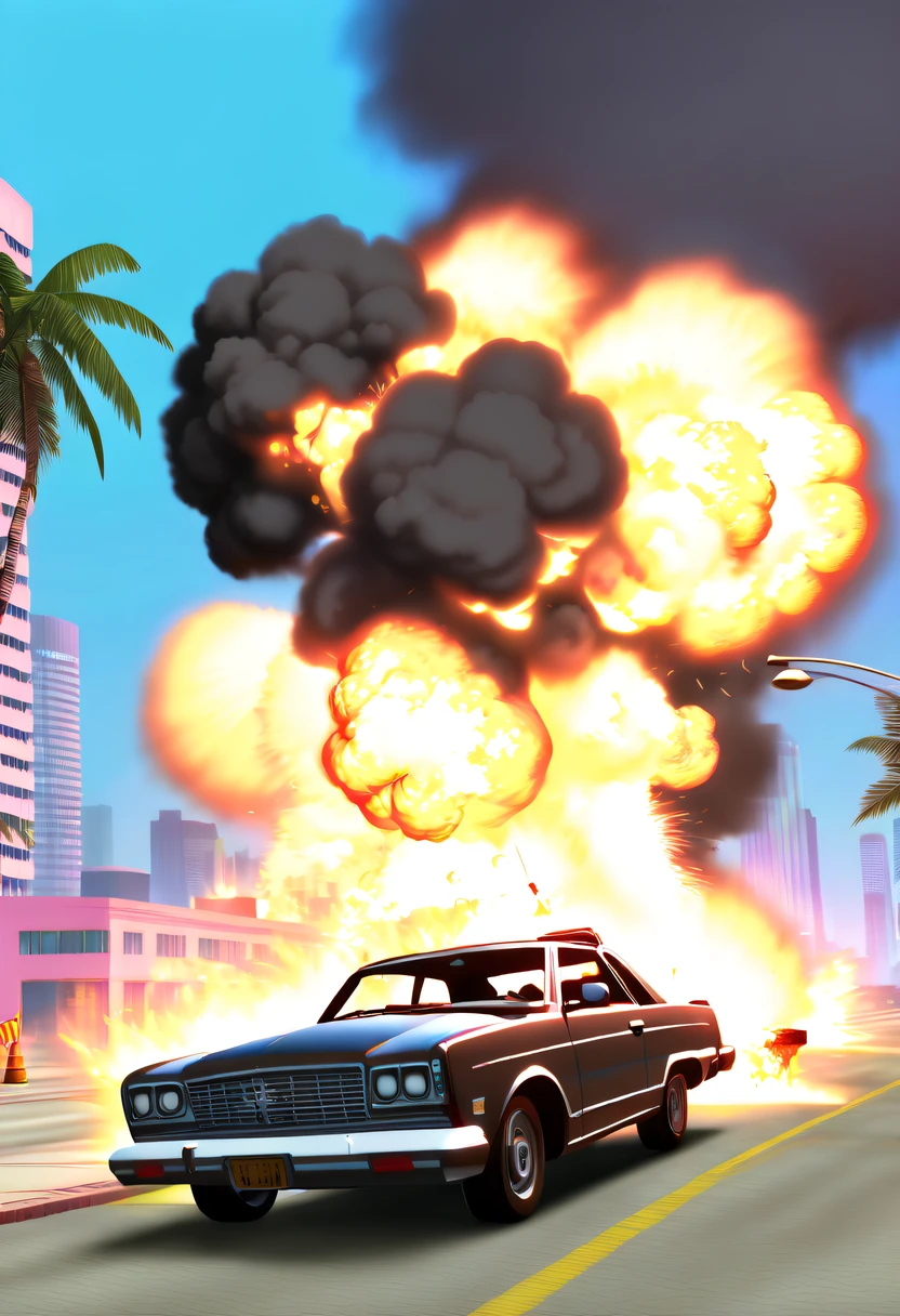 (Best quality,4K,8K,A high resolution,tmasterpiece:1.2), ultra - detailed, (actual,realistically,realisticlying:1.37), (GTA STYLE:1.5) ,(A girl escapes an explosion in a car:1.8),Burning car,There are gunshots everywhere,City lights are bright at night,Reflection of neon lights on car windshield,traffic chaos, hasty, intense chase scene, Cinematic action, Night streets, high speed pursuit, on the verge of danger, the last Stand, epic showdown, dramatic climax, exciting ending, stunning visuals, Immersive atmosphere, Detailed car model, Realistic game engine, tough environment, Dynamic camera angle, Dynamic lighting effects, Realistic gunshots, dramatic music, intense emotions.(GTA Vice City,GTA 5 cover art, GTA STYLE: 1.5),