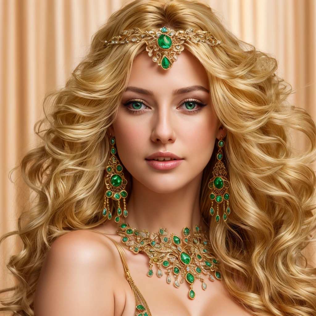 a close up of a woman with a necklace and earrings, karol bak uhd, beautiful elven princess, blonde - haired princess, beautiful and elegant elf queen, emerald tiara and necklace, beautiful fantasy maiden, very beautiful elven top model, gorgeous beautiful woman, gorgeous woman, a beautiful fantasy empress, ornate long flowing blonde hair, blonde elvish empress