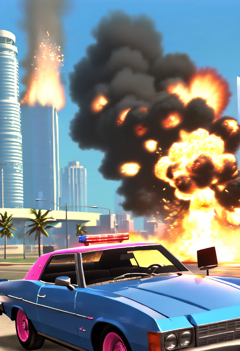 (Best quality,4K,8K,A high resolution,tmasterpiece:1.2), ultra - detailed, (actual,realistically,realisticlying:1.37), (GTA STYLE:1.5) ,(A girl escapes an explosion in a car:1.8),Burning car,There are gunshots everywhere,City lights are bright at night,Reflection of neon lights on car windshield,traffic chaos, hasty, intense chase scene, Cinematic action, Night streets, high speed pursuit, on the verge of danger, the last Stand, epic showdown, dramatic climax, exciting ending, stunning visuals, Immersive atmosphere, Detailed car model, Realistic game engine, tough environment, Dynamic camera angle, Dynamic lighting effects, Realistic gunshots, dramatic music, intense emotions.(GTA Vice City,GTA 5 cover art, GTA STYLE: 1.5),