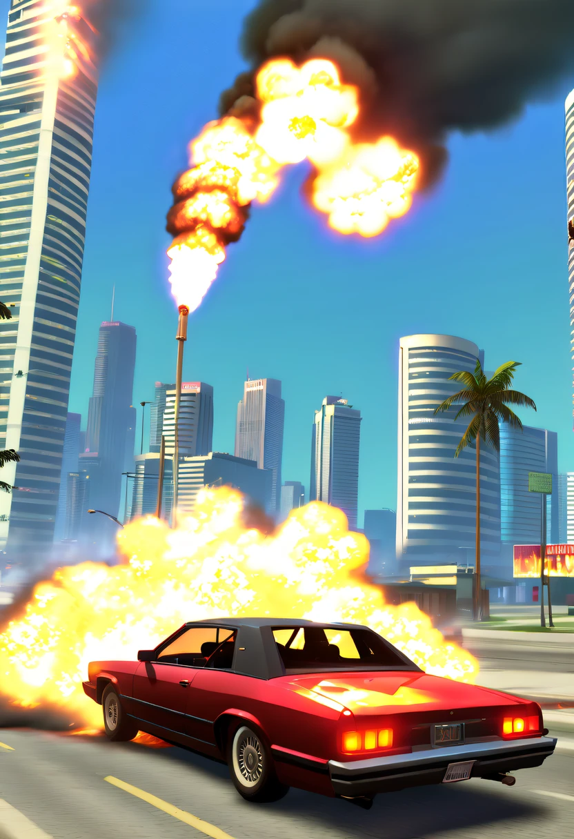 (Best quality,4K,8K,A high resolution,tmasterpiece:1.2), ultra - detailed, (actual,realistically,realisticlying:1.37), (GTA STYLE:1.5) ,(A girl escapes an explosion in a car:1.8),Burning car,There are gunshots everywhere,City lights are bright at night,Reflection of neon lights on car windshield,traffic chaos, hasty, intense chase scene, Cinematic action, Night streets, high speed pursuit, on the verge of danger, the last Stand, epic showdown, dramatic climax, exciting ending, stunning  visuals, Immersive atmosphere, Detailed car model, Realistic game engine, tough environment, Dynamic camera angle, Dynamic lighting effects, Realistic gunshots, dramatic music, intense emotions.(GTA Vice City,GTA 5 cover art, GTA STYLE: 1.5),