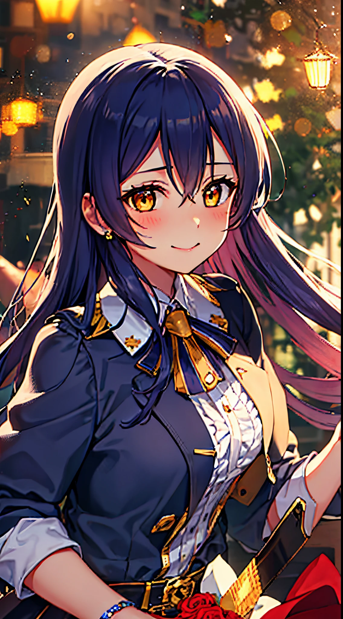 sonoda_umi_lovelive
long_hair, blue_hair, yellow_eyes, blush, bangs, hair_between_eyes, smile, hair_ornament