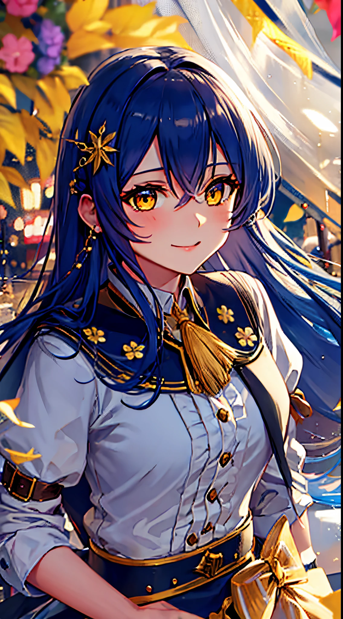 Sonoda_Omi_Long lovelife_hair, blue_hair, yellow_Eyes, blush, explosions, hair_between_Eyes, smile, hair_ornament