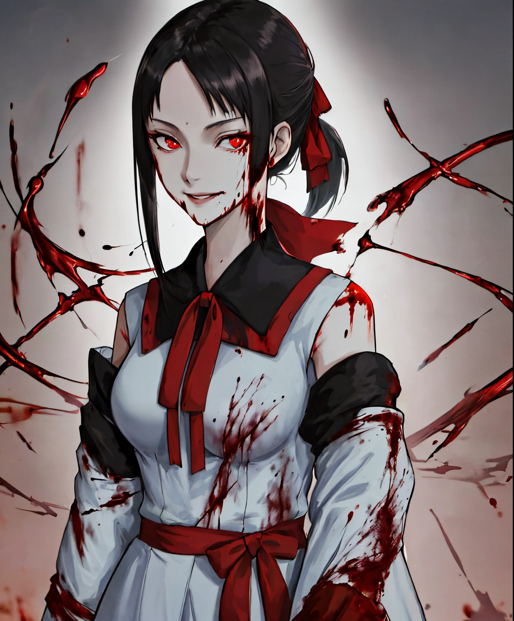 Best Quality, (masutepiece:1.2), Detailed,
kaguya shinomiya,
1girl in, Solo, Closed mouth, lightsmile,
Black hair, Red Eyes, Short hair, folded ponytail, Hair Ribbon, no sleeves, Red Ribbon,
Standing, Looking at the viewer, medium breasts,((Upper body)), ((((Blood, Evil, dominant))))