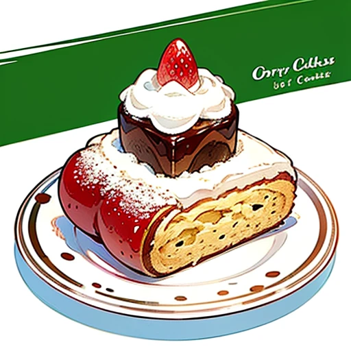 (Best Quality, cute santa claus cake illustration, Appetizing cake illustration), Looks appetizing. Cake placed on a white plate, White background. View Center, Make the whole cake visible without interruption. Topped with strawberries and fresh cream、Christmas