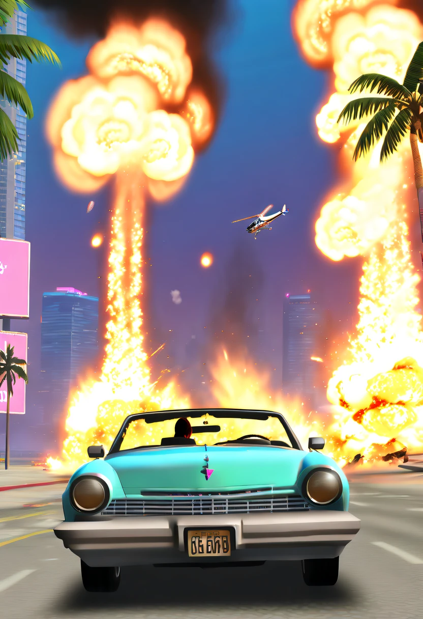 (Best quality,4K,8K,A high resolution,tmasterpiece:1.2), ultra - detailed, (actual,realistically,realisticlying:1.37), (GTA STYLE:1.5) ,(A girl escapes an explosion in a car:1.8),Burning car,There are gunshots everywhere,City lights are bright at night,Reflection of neon lights on car windshield,traffic chaos, hasty, intense chase scene, Cinematic action, Night streets, high speed pursuit, on the verge of danger, the last Stand, epic showdown, dramatic climax, exciting ending, stunning  visuals, Immersive atmosphere, Detailed car model, Realistic game engine, tough environment, Dynamic camera angle, Dynamic lighting effects, Realistic gunshots, dramatic music, intense emotions.(GTA Vice City,GTA 5 cover art, GTA STYLE: 1.5),