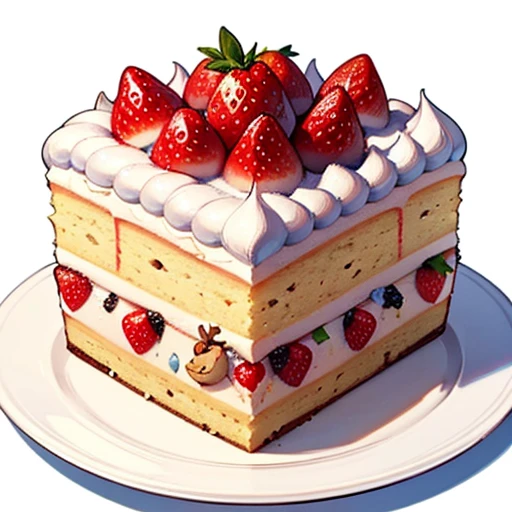 (Best Quality, Cute reindeer cake illustration, Appetizing cake illustration), Cut reindeer cake into 1 slice, Looks appetizing. Cake placed on a white plate, White background. View Center, Make the whole cake visible without interruption. Topped with strawberries and fresh cream、Christmas