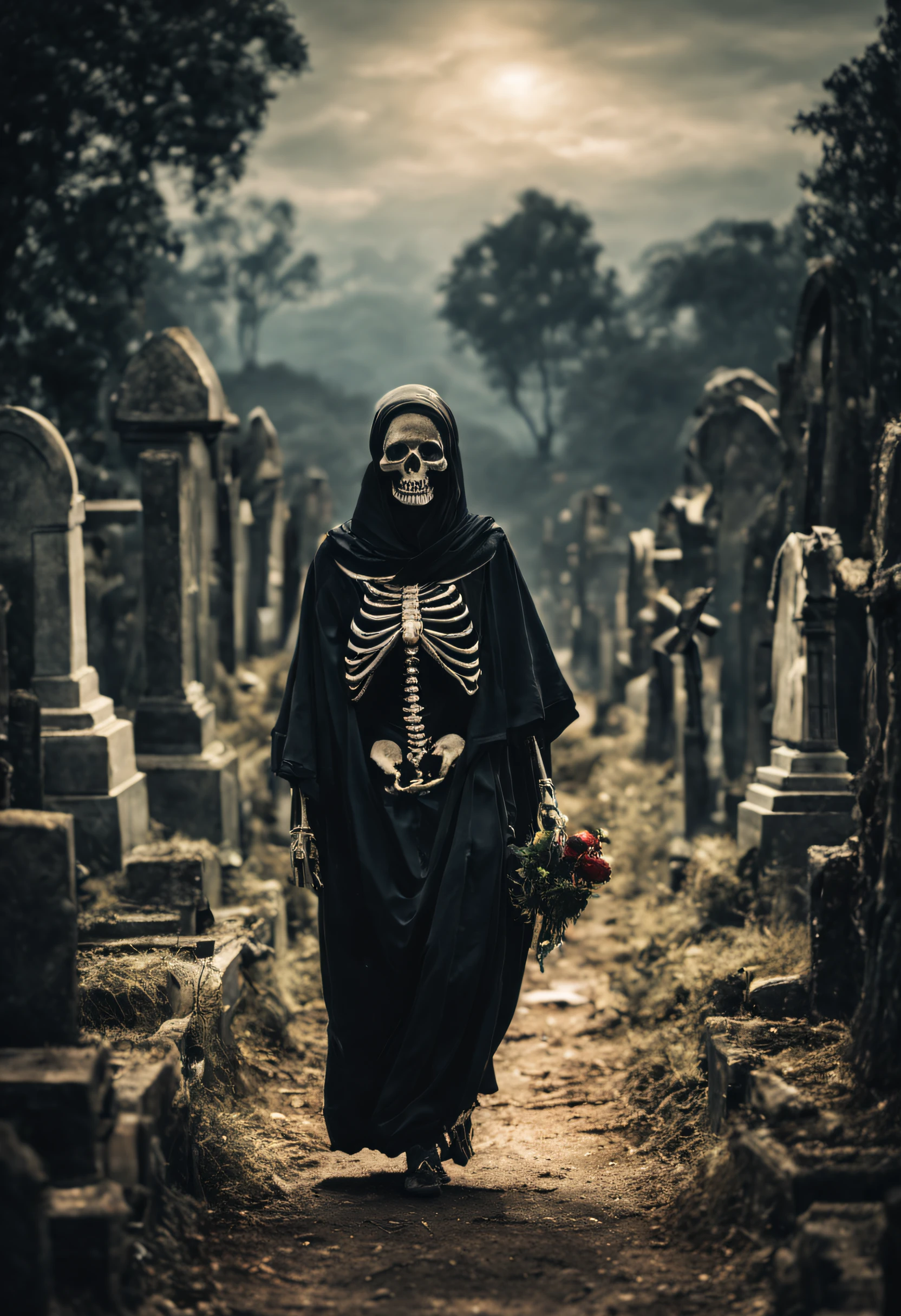 an image of a skeletal figure walking through an ancient cemetery(( uma caveira humana de corpo inteiro))(( usando uma capa com capuz)), (( segurando uma foice)), exu, arte da quimbanda, mitologia africana, Um retrato impressionante de um espirito, Estilo Karol Bak, face clara, melhor qualidade.