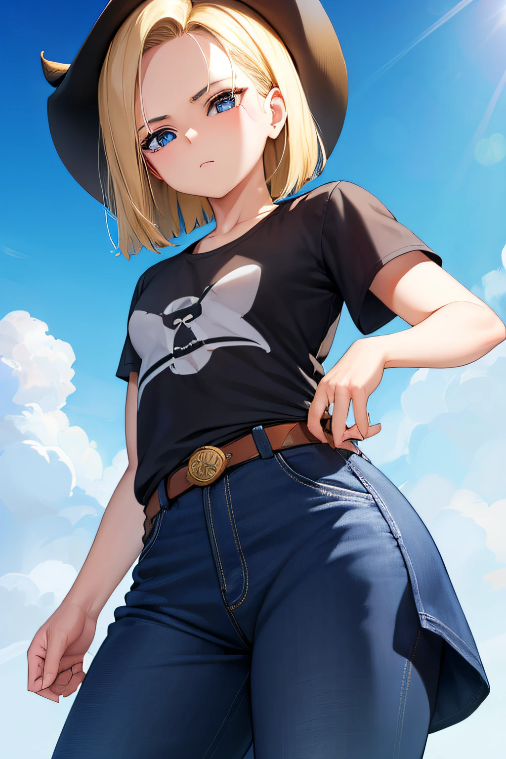 Android18, Androide 18, cabello rubio, ojos azules, lashes, Pendientes de aro, pelo corto, Pendientes,
BREAK Belt, Legwear negro, Camisa negra, Bolsillo, escote, 鎖骨, denim, falda vaquera, Falda de cintura alta, jewely, mangas largas, bolsillo, camisa, Camisa metida, falda, rayado, Mangas a rayas, chaleco,,
DESCANSO al aire libre, Ciudad, Cielo, nube, sol,
DESCANSO mirando al espectador, (Disparo de vaquero:1.5),
QUEBRAR (Obra maestra:1.2), La mejor calidad, High resolution, Unidad 8K Fondo de pantalla, (illustration:0.8), (hermosos ojos detallados:1.6), Cara extremadamente detallada, Perfect lighting, CG extremadamente detallado, (Manos perfectas, Perfect anatomy),