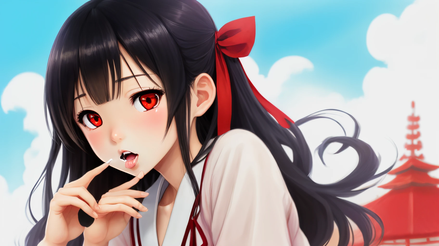 (Best Quality, masutepiece, hight resolution),1girl in,Solo,kaguya shinomiya,Red Eyes,Black hair,Hair Ribbon,Summer uniform,
straight-on,Upper body,hand to own mouth,Okawaii Koto,Red background,