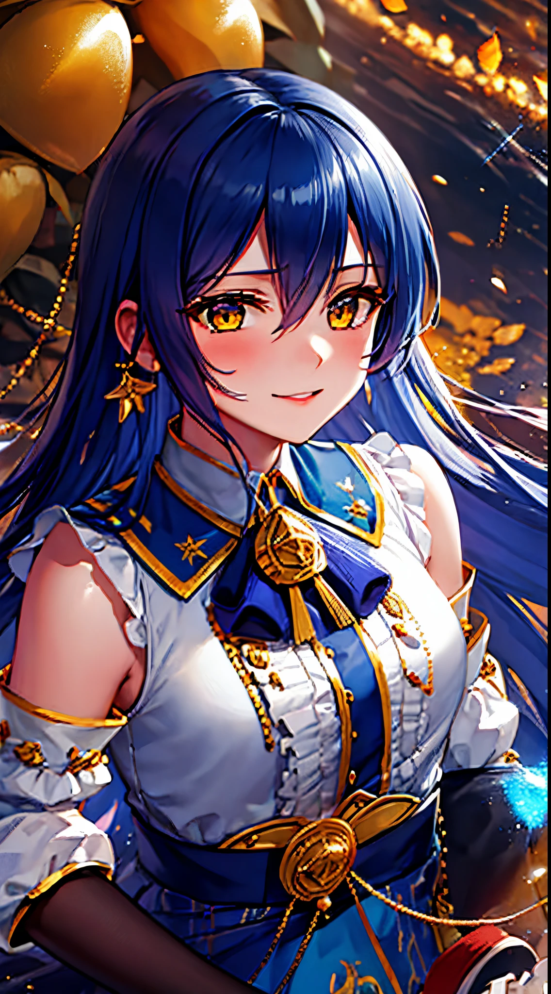 Sonoda_Omi_Long lovelife_hair, blue_hair, yellow_Eyes, blush, explosions, hair_between_Eyes, smile, hair_ornament