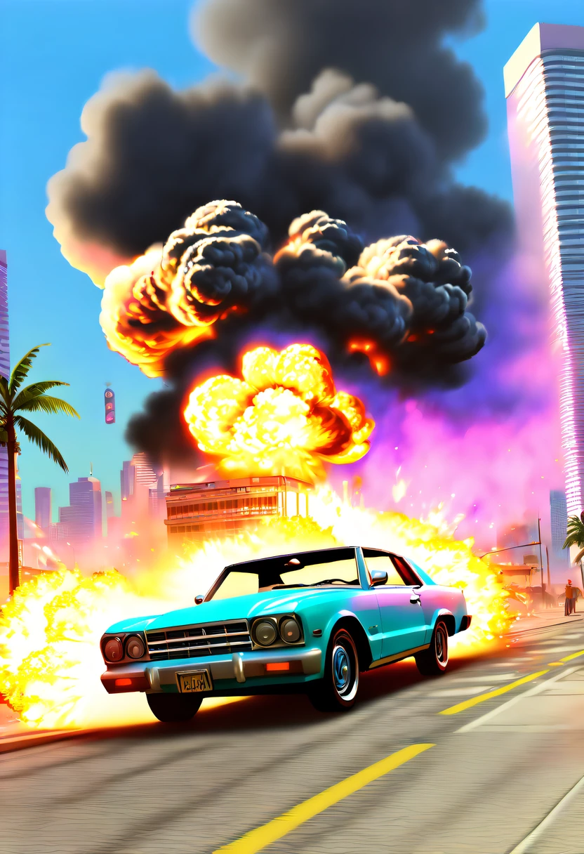 (Best quality,4K,8K,A high resolution,tmasterpiece:1.2), ultra - detailed, (actual,realistically,realisticlying:1.37), (GTA STYLE:1.5) ,(A girl escapes an explosion in a car:1.8),Burning car,There are gunshots everywhere,City lights are bright at night,Reflection of neon lights on car windshield,traffic chaos, hasty, intense chase scene, Cinematic action, Night streets, high speed pursuit, on the verge of danger, the last Stand, epic showdown, dramatic climax, exciting ending, stunning  visuals, Immersive atmosphere, Detailed car model, Realistic game engine, tough environment, Dynamic camera angle, Dynamic lighting effects, Realistic gunshots, dramatic music, intense emotions.(GTA Vice City,GTA 5 cover art, GTA STYLE: 1.5),