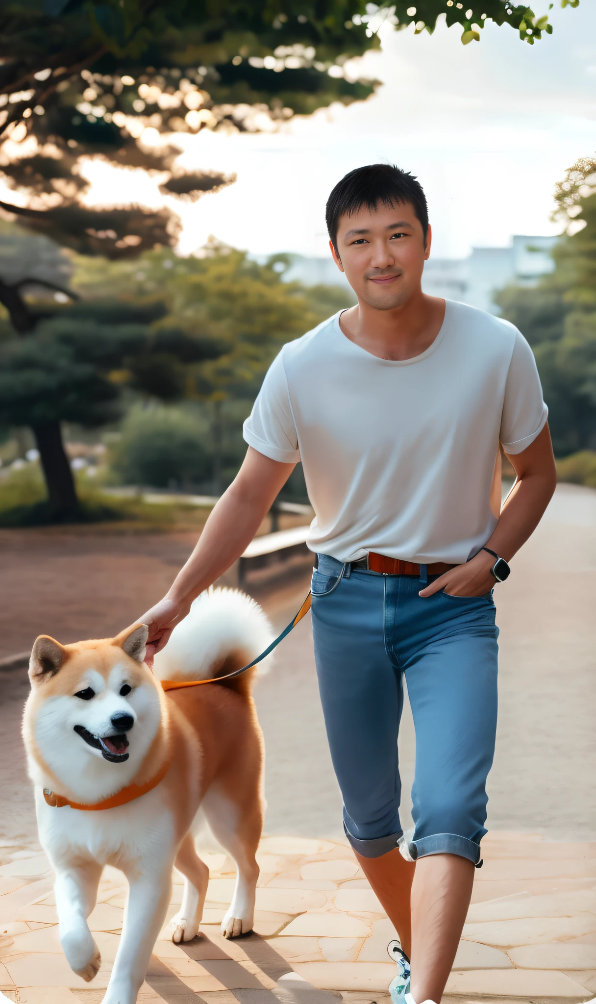 Full body shot wide angle shot  Korean teen boys 15 years old,shirtless, skinny fat body,wearing only bikini light orange underwear, shirtless,play Frisbee with dog,at Sanam Luang park Bangkok, tree sunset 