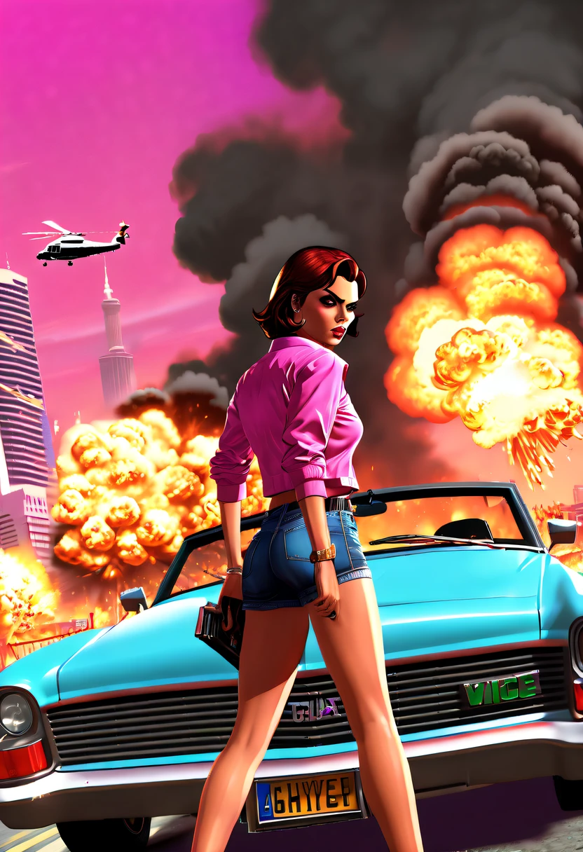 (Best quality,4K,8K,A high resolution,tmasterpiece:1.2), ultra - detailed, (actual,realistically,realisticlying:1.37), (GTA STYLE:1.5) ,(A girl escapes an explosion in a car:1.7),Burning car,There are gunshots everywhere,City lights are bright at night,Reflection of neon lights on car windshield,traffic chaos, hasty, intense chase scene, Cinematic action, Night streets, high speed pursuit, on the verge of danger, the last Stand, epic showdown, dramatic climax, exciting ending, stunning visuals, Immersive atmosphere, Detailed car model, Realistic game engine, tough environment, Dynamic camera angle, Dynamic lighting effects, Realistic gunshots, dramatic music, intense emotions.(GTA Vice City,GTA 5 cover art, GTA STYLE: 1.5),