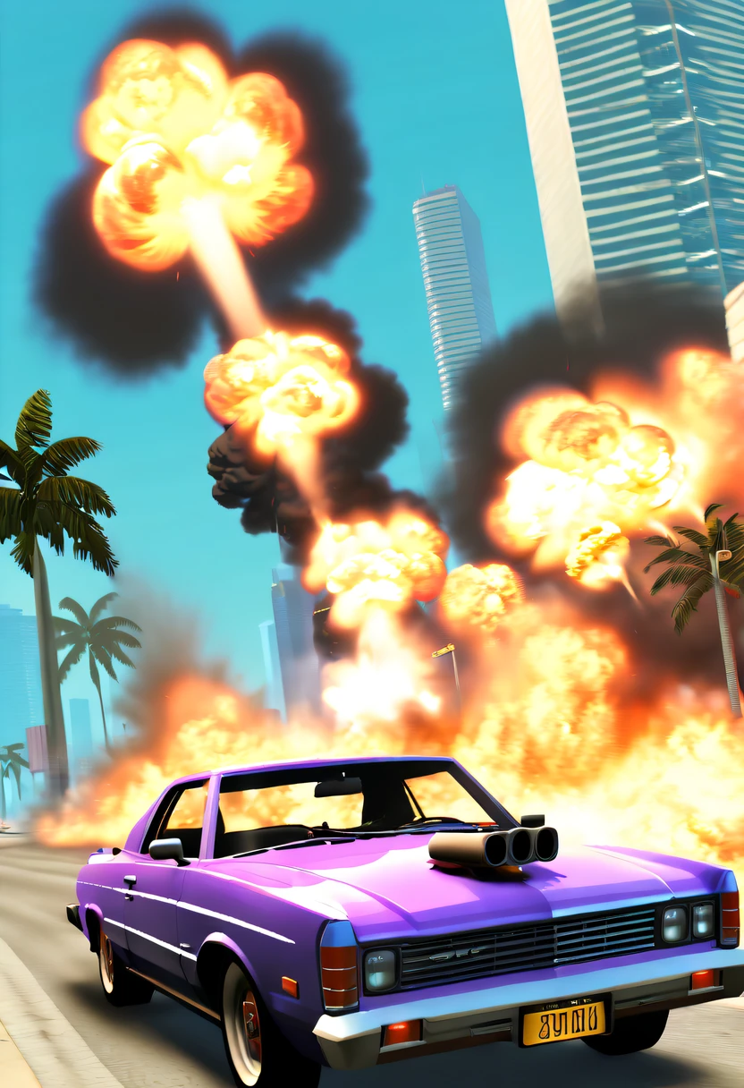 (Best quality,4K,8K,A high resolution,tmasterpiece:1.2), ultra - detailed, (actual,realistically,realisticlying:1.37), (GTA STYLE:1.5) ,(A girl escapes an explosion in a car:1.7),Burning car,There are gunshots everywhere,City lights are bright at night,Reflection of neon lights on car windshield,traffic chaos, hasty, intense chase scene, Cinematic action, Night streets, high speed pursuit, on the verge of danger, the last Stand, epic showdown, dramatic climax, exciting ending, stunning visuals, Immersive atmosphere, Detailed car model, Realistic game engine, tough environment, Dynamic camera angle, Dynamic lighting effects, Realistic gunshots, dramatic music, intense emotions.(GTA Vice City,GTA 5 cover art, GTA STYLE: 1.5),