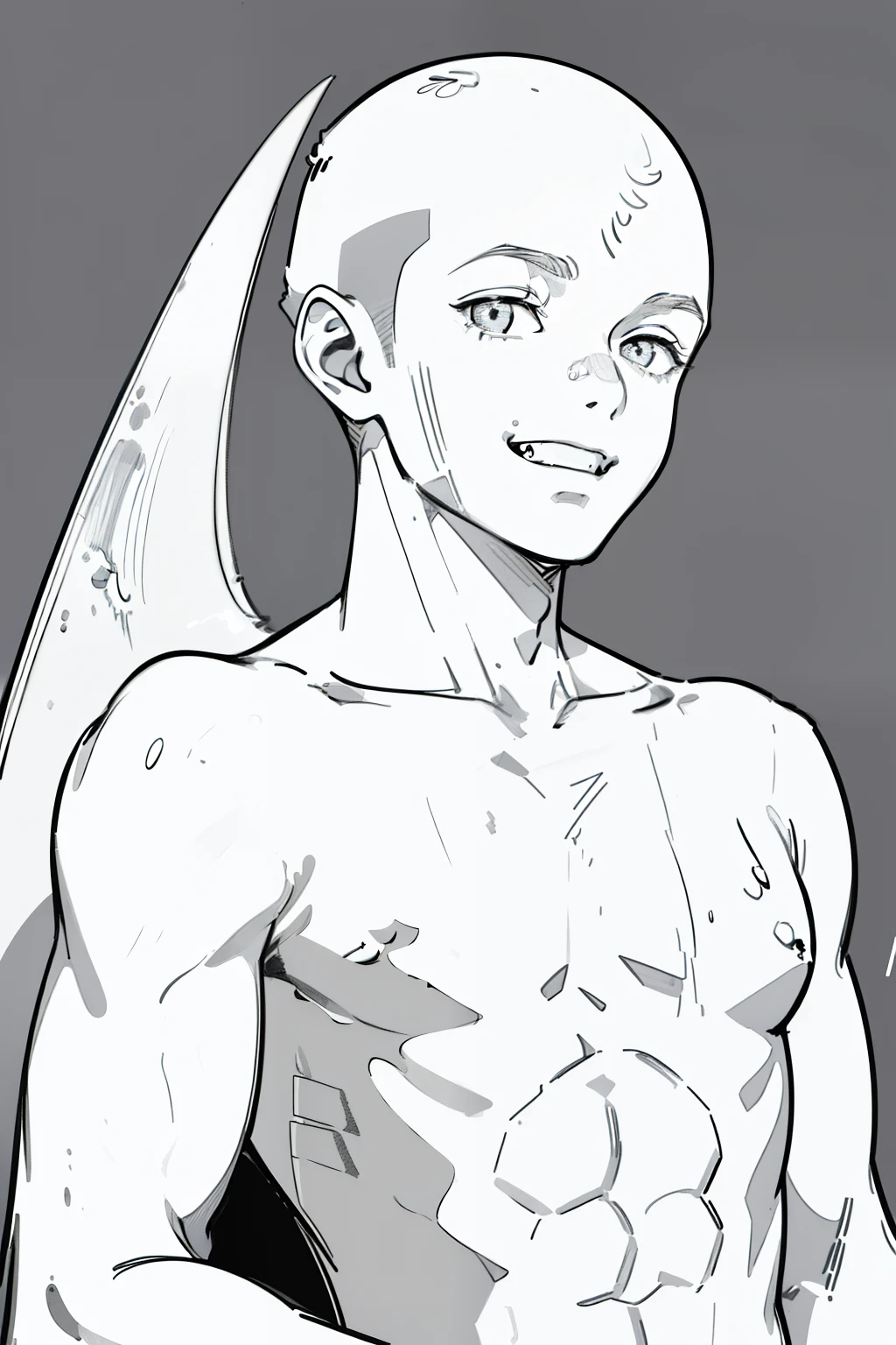 best quality, high resolution, (((clean background:2.0))), high contrast, line-drawing, monochromes, sketch, Pencil drawing, comic strip、manga comics, white background, clean line drawings, vibrant colors, Extremely detailed eyes and face, Portrait of a man, Stand quietly, ((((male)))), (((boy, solo, Lean body))), (((bald:1.00))), ((naughty expression, Smiling showing four fangs)), ((not wearing clothes:1.50)), (((nude:1.50))), (((no breasts))), upper body,