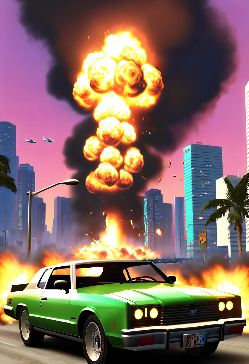 (Best quality,4K,8K,A high resolution,tmasterpiece:1.2), ultra - detailed, (actual,realistically,realisticlying:1.37), (GTA STYLE:1.5) ,(A girl escapes an explosion in a car:1.6),Burning car,There are gunshots everywhere,City lights are bright at night,Reflection of neon lights on car windshield,traffic chaos, hasty, intense chase scene, Cinematic action, Night streets, high speed pursuit, on the verge of danger, the last Stand, epic showdown, dramatic , exciting ending, stunning visuals, Immersive atmosphere, Detailed car model, Realistic game engine, tough environment, Dynamic camera angle, Dynamic lighting effects, Realistic gunshots, dramatic music, intense emotions.(GTA Vice City,GTA 5 cover art, GTA STYLE: 1.5),