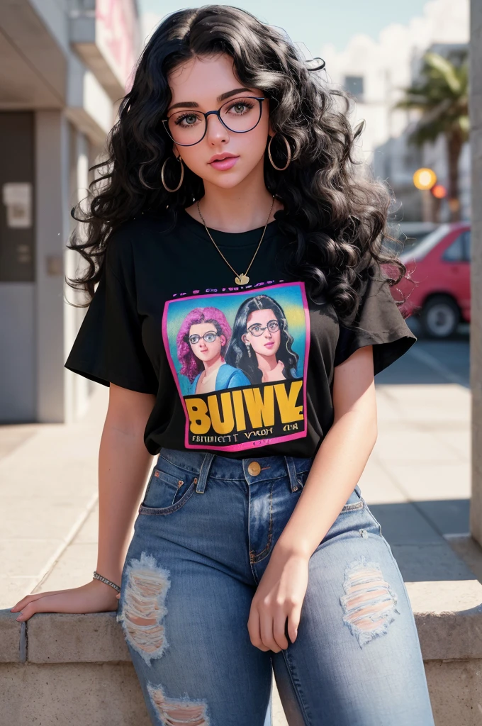 16-year-old woman Spanish Araf looking black curly hair clear face wearing glasses betty la fea big eyebrows (detailed),cute clear face,detailed unblurred face,alanis guillen-like,illustrative medium,oil painting medium,soft brush strokes,pencil sketch details,vibrant colors,stylish and modern background, black t-shirt black shirt and jeans, an album cover inspired by Taylor swift, tumblr, toyism, eighties look, 90s style, 9 0 s vibe, 90’s vibe vivid and dreamy lighting,shadow play-contrast lighting,best quality,high-res masterpiece:1.2,detailed and realistic,sharp focus,professional,stunning bokeh