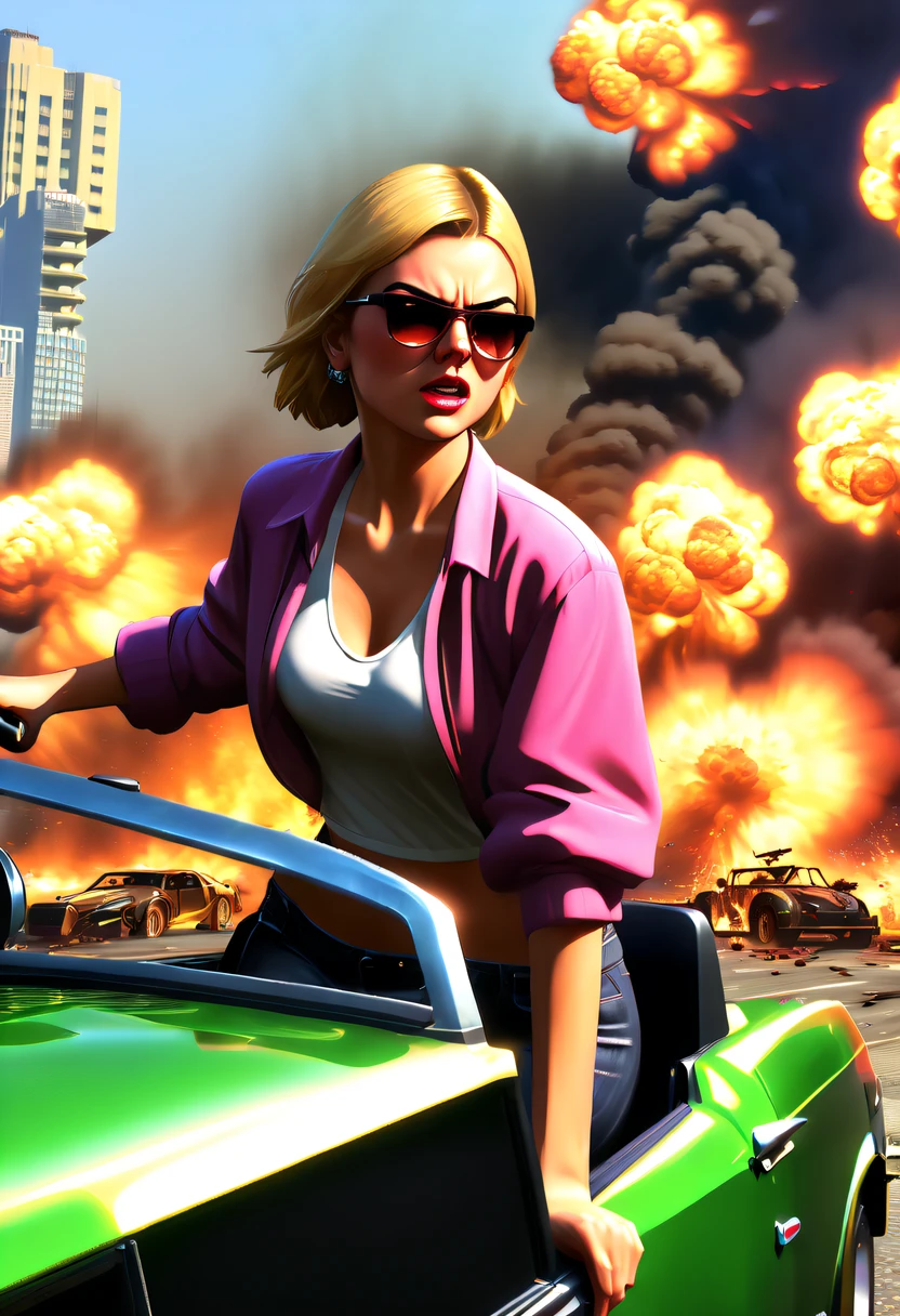 (Best quality,4K,8K,A high resolution,tmasterpiece:1.2), ultra - detailed, (actual,realistically,realisticlying:1.37), (GTA STYLE:1.5) ,(A girl escapes an explosion in a car:1.6),Burning car,There are gunshots everywhere,City lights are bright at night,Reflection of neon lights on car windshield,traffic chaos, hasty, intense chase scene, Cinematic action, Night streets, high speed pursuit, on the verge of danger, the last Stand, epic showdown, dramatic climax, exciting ending, stunning visuals, Immersive atmosphere, Detailed car model, Realistic game engine, tough environment, Dynamic camera angle, Dynamic lighting effects, Realistic gunshots, dramatic music, intense emotions.( GTA 5 cover art, GTA STYLE: 1.5),