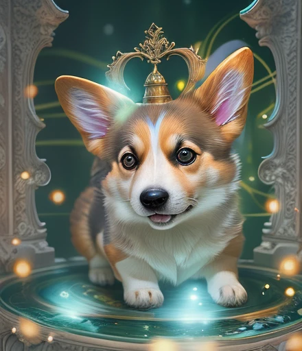 Masterpiece, cute fantasy Welsh Corgi, glowing effect, style of Nashimanga, ornate, dynamic, centered, sharp focus, beautiful detailed, face very realistic, hyper detailed, cartoon, cinematic,