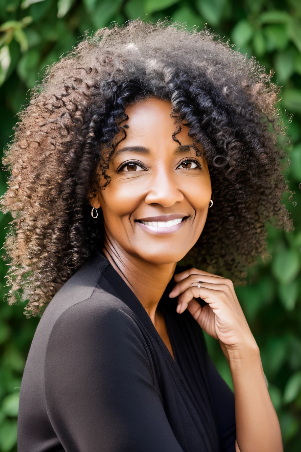 natural photo, portrait of woman about 40 years old, black curly hair, ultrarealistic
