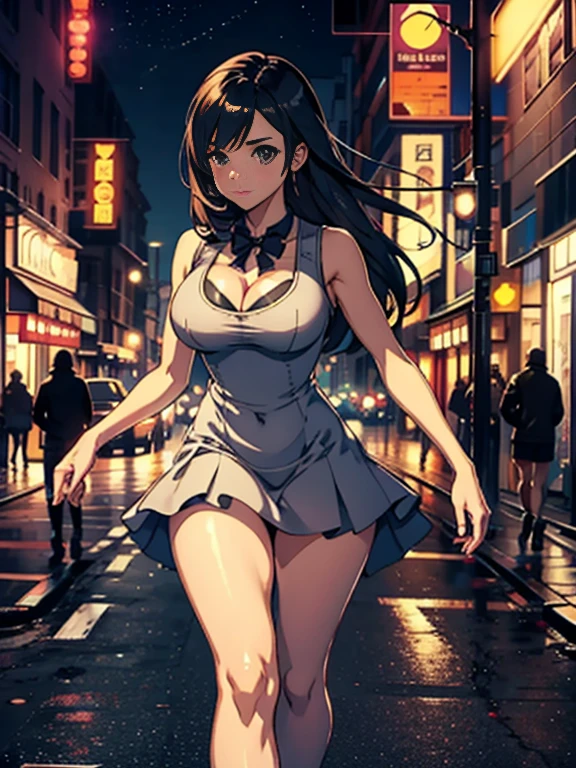 Walking down the street at night with a short dress, big breasts, cameltoe
