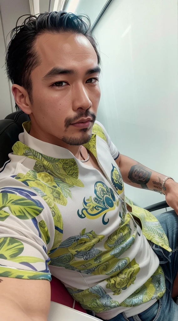 Thai man, with tight fade blue jeans, t-shirt and biker leather jacket, cowboy shot, Muscular, Fierce face, Beautiful lines, Smooth face, Tattoo, Fierce face, Smooth skin, White inch, T shirt, Tong, Outdoor sports style, Look down at the viewer's perspective, Eye-Level Shot, Fujifilm, god rays, ray tracing, Minimalism, modern, high quality, masterpiece, UHD, highres, 8k