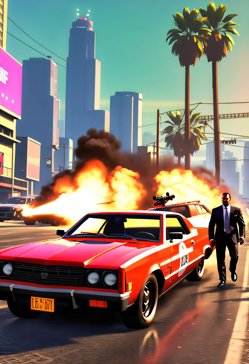 (Best quality,4K,8K,A high resolution,tmasterpiece:1.2), ultra - detailed, (actual,realistically,realisticlying:1.37), (GTA STYLE:1.5) ,A girl escapes an explosion in a car,Burning car,There are gunshots everywhere,City lights are bright at night,Reflection of neon lights on car windshield,traffic chaos, hasty, intense chase scene, Cinematic action, Night streets, high speed pursuit, on the verge of danger, the last Stand, epic showdown, dramatic climax, exciting ending, stunning  visuals, Immersive atmosphere, Detailed car model, Realistic game engine, tough environment, Dynamic camera angle, Dynamic lighting effects, Realistic gunshots, dramatic music, intense emotions.( GTA 5 cover art, GTA STYLE: 1.5),