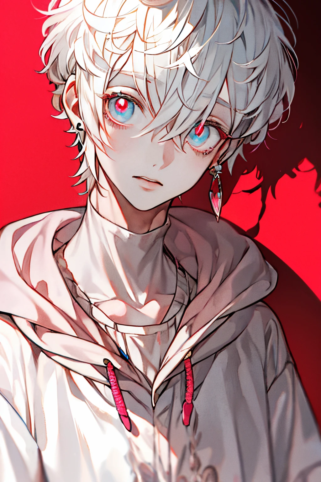 Boy, white hair, cute, pink clothes, earrings, (eyes:1.5)