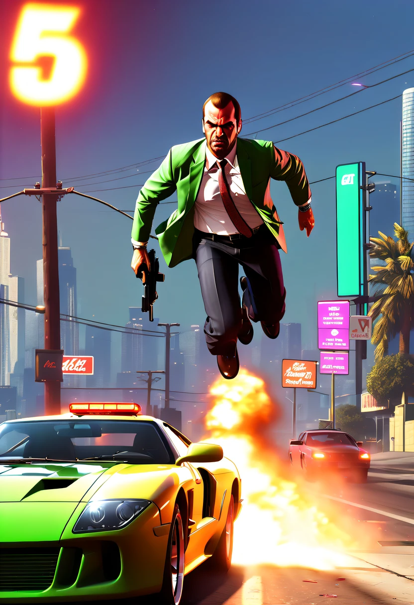 (Best quality,4K,8K,A high resolution,tmasterpiece:1.2), ultra - detailed, (actual,realistically,realisticlying:1.37), (GTA STYLE:1.5) ,A girl escapes an explosion in a car,Burning car,There are gunshots everywhere,City lights are bright at night,Reflection of neon lights on car windshield,traffic chaos, hasty, intense chase scene, Cinematic action, Night streets, high speed pursuit, on the verge of danger, the last Stand, epic showdown, dramatic climax, exciting ending, stunning visuals, Immersive atmosphere, Detailed car model, Realistic game engine, tough environment, Dynamic camera angle, Dynamic lighting effects, Realistic gunshots, dramatic music, intense emotions.( GTA 5 cover art, GTA STYLE: 1.5),