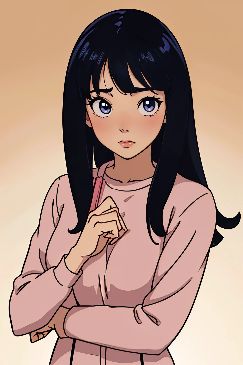 (1girl, anime, Best quality,hotify:1.2,highres:1.4), closeup, innocent, black hair, long hair, hair bangs, sharp and hazel eyes, cute, innocent, 1girl, blush, pale skin, wearing pink long sleeve top.