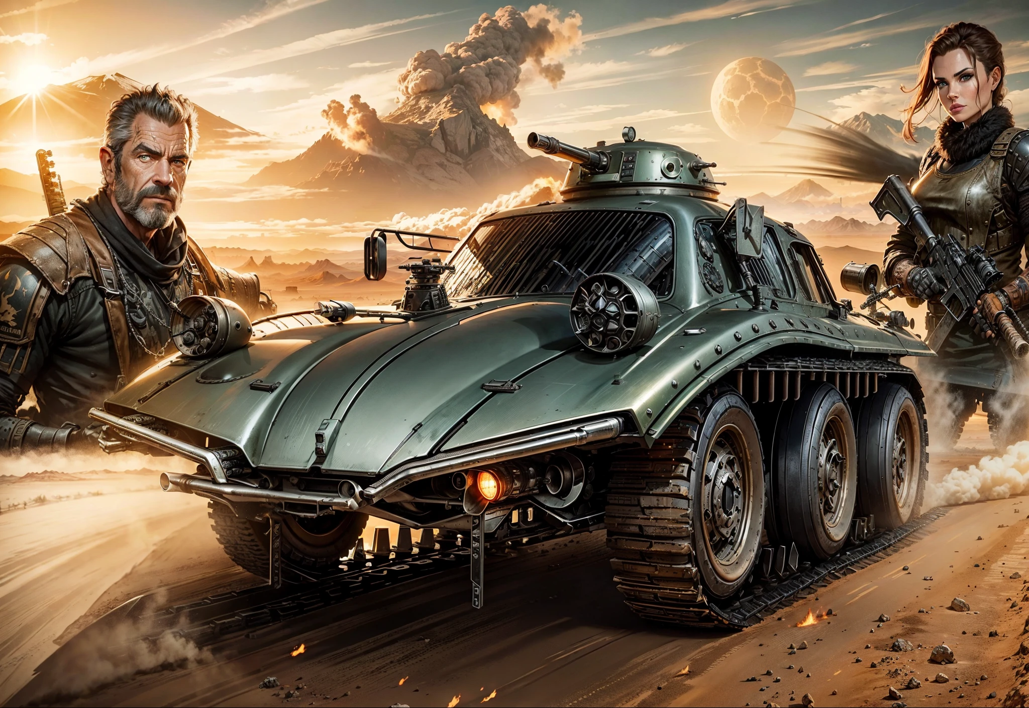 An armored Powerfull modified Volksvagen Bettle modified to be a tank with tracks in the foreground, behind an old Mel Gibson Mad Max and Angelina Jolie armored and in the background de Mad max desert and a Huge Sul behind the mountains and a huge Vulcan with lava and smoke in the background