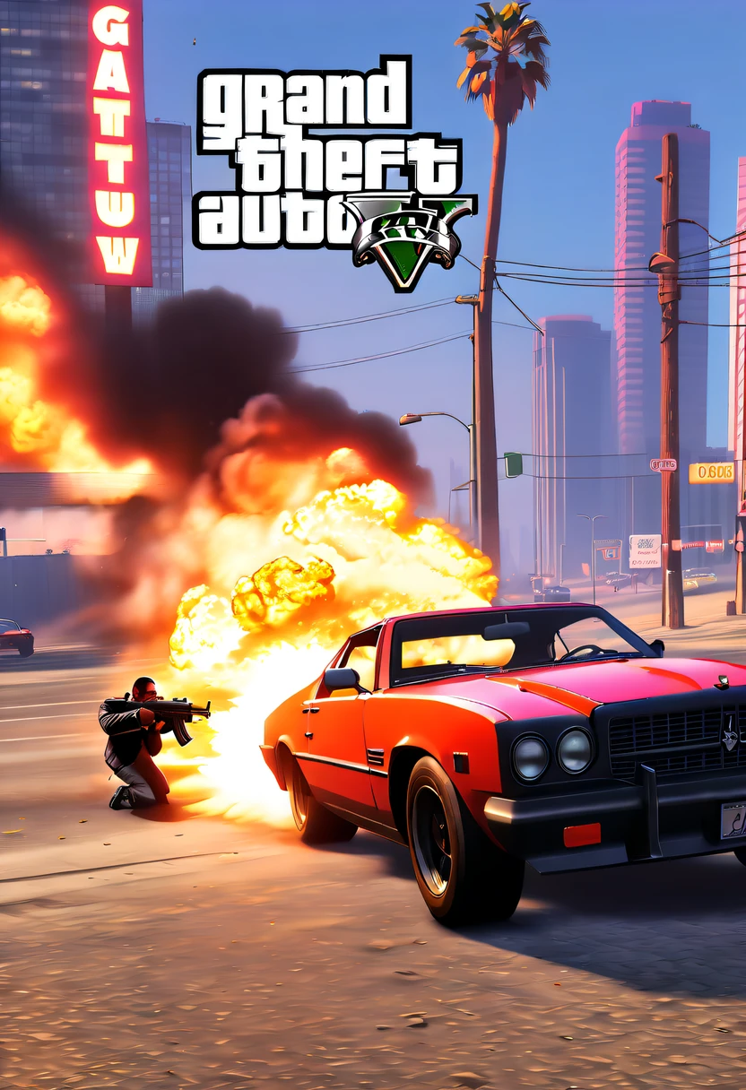 (Best quality,4K,8K,A high resolution,tmasterpiece:1.2), ultra - detailed, (actual,realistically,realisticlying:1.37), (GTA STYLE:1.5) ,A girl escapes an explosion in a car,Burning car,There are gunshots everywhere,City lights are bright at night,Reflection of neon lights on car windshield,traffic chaos, hasty, intense chase scene, Cinematic action, Night streets, high speed pursuit, on the verge of danger, the last Stand, epic showdown, dramatic climax, exciting ending, stunning visuals, Immersive atmosphere, Detailed car model, Realistic game engine, tough environment, Dynamic camera angle, Dynamic lighting effects, Realistic gunshots, dramatic music, intense emotions.( GTA 5 cover art, GTA STYLE: 1.5),
