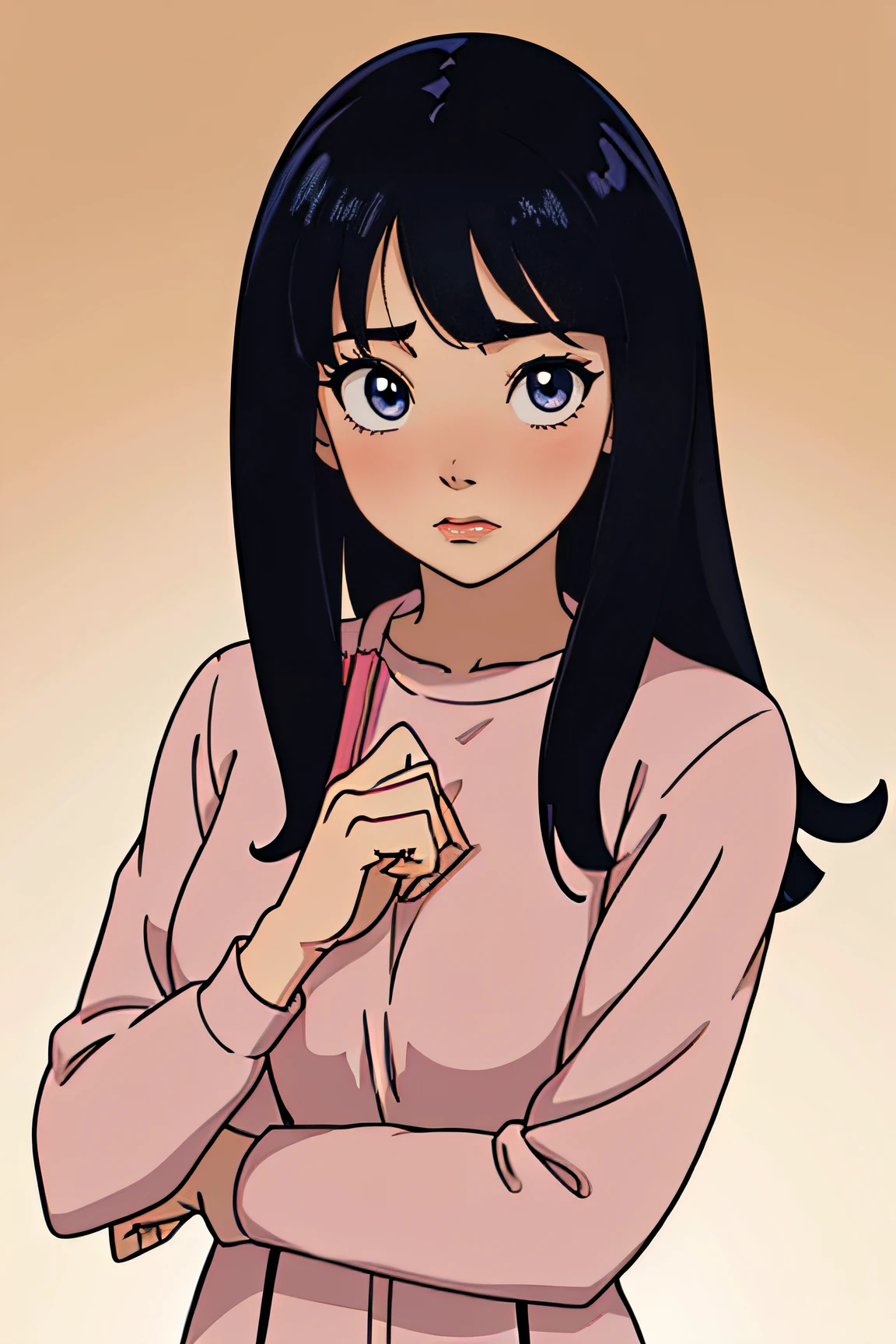 (1girl, anime, Best quality,hotify:1.2,highres:1.4), closeup, innocent, black hair, long hair, hair bangs, sharp and hazel eyes, cute, innocent, 1girl, blush, pale skin, wearing pink long sleeve top.