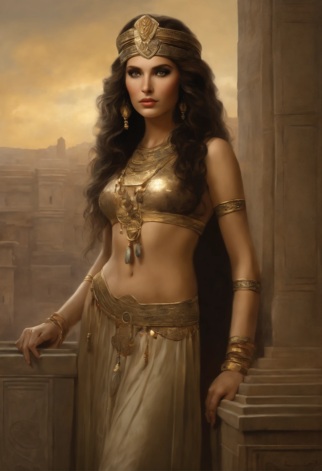真实感, dark fantasy style, John Tolkien style, Small painting by Jean-Baptiste Monge, Soft facial features, Angribert'eyebrows, potato nose, Girl with dark hair in the image of Cleopatra.., Topic and skirt, midriff exposed, girl dressed, in the style of half-naked Cleopatra, looking at away, Long wavy dark hair, hair blowing in wind, dressed in Cleopatra style, Predatory gaze, predatory nature, I'I'm standing next to a convertible, the morning sun is shining, The city, megalopolis, city trail, big house, glass skyscraper Jean-Baptiste Monge, anthropomorphic --ar 2:3 --testp -optimistic;
