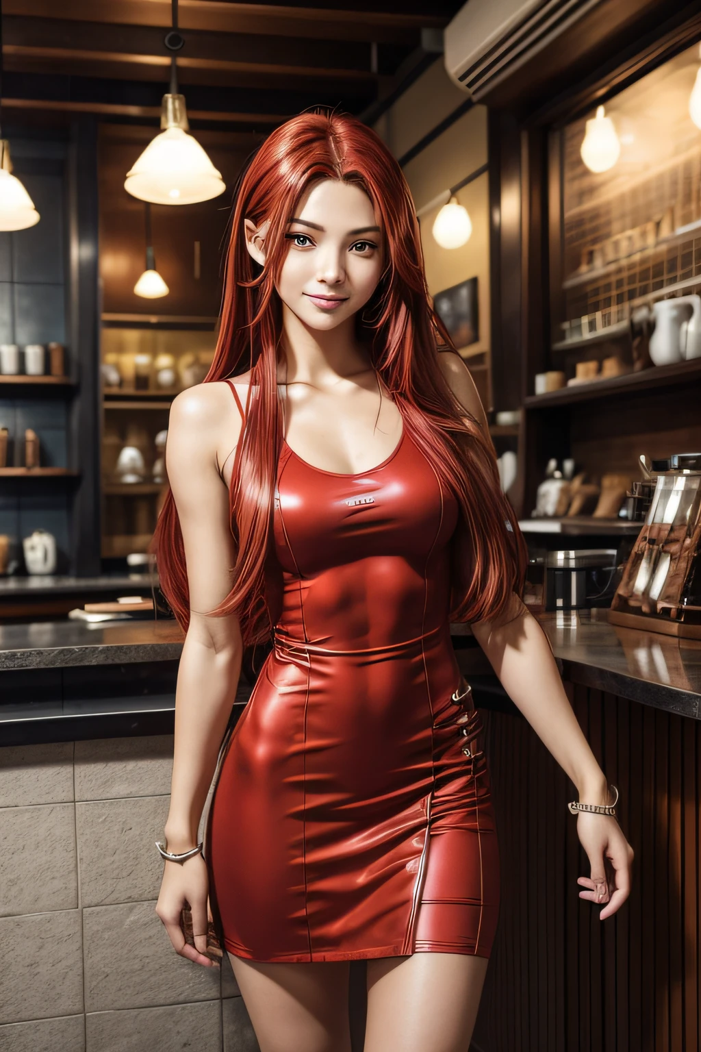 O estilo de Katsuya Terada, arte conceitual de Dani, uma jovem confiante na casa dos vinte anos com estilo de cabelo muito comprido Penteado, cabelos ruivos. Illustrate your athletic form, highlighting strength and beauty. Dress Dani in a chic dress with stylish accessories. Posicione-a contra o fundo de uma cafeteria para destacar sua pele macia. Retrate-a com um comportamento confiante. (sorrir)
