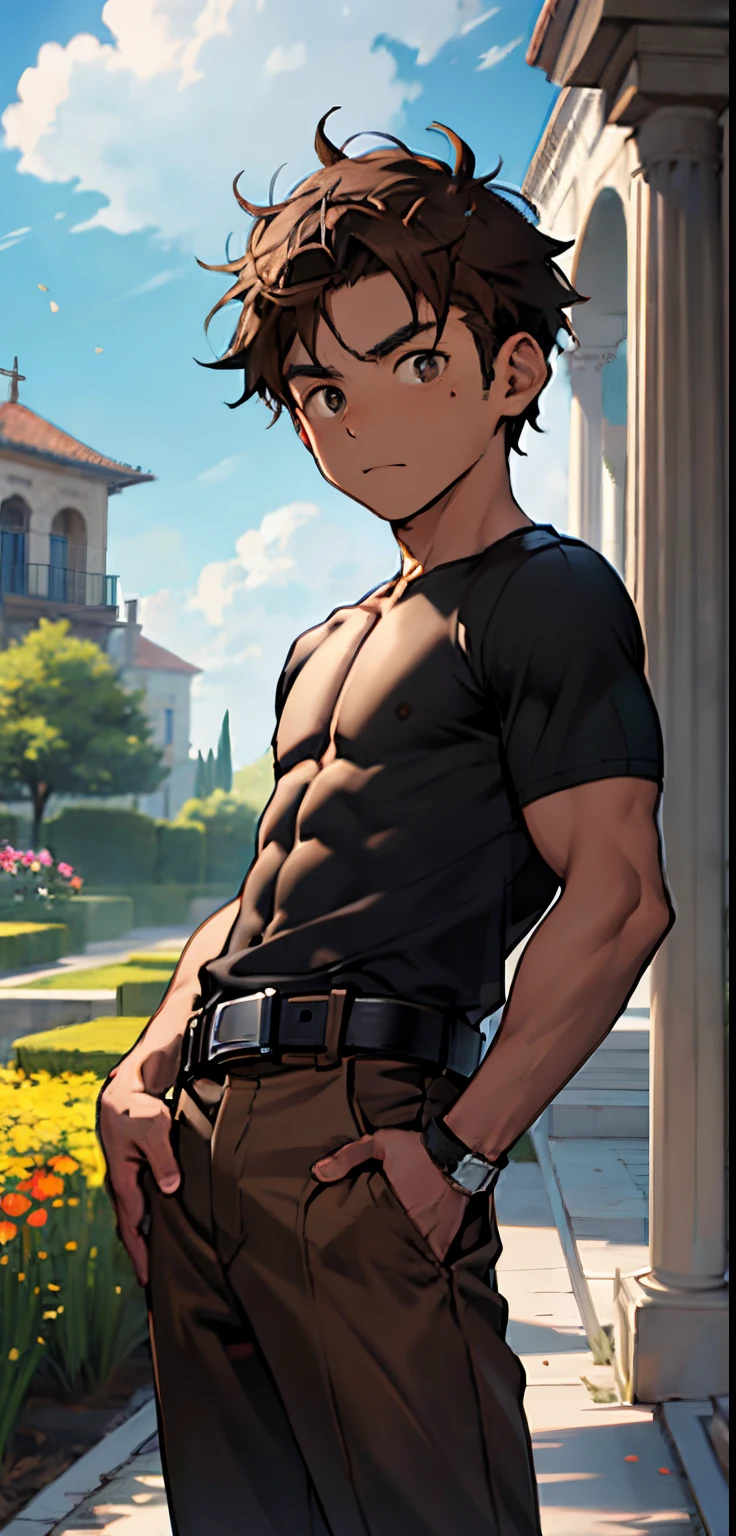 (Masterpiece, The best quality), garden with greek columns, Indian facial features, dark skin, Libid boy, a boy of 11 years, Young boychild's facechildhoodYoung age,Shirtless, Topless, Short and round face,Flat chinchildhood, (The child's face), Brown hair, Young age, Flat chin, Fine face in detail, loose brown pants, bronze buckle belt, aesthetic (good anatomy), Short brown hair, shiny hair, almond eyes, dark brown eyes, Keep your eyes wide open, pectorals, bright, bright and vivid colors, (Depth of fields:1.2), Positive hearing, Looking at Viewert.