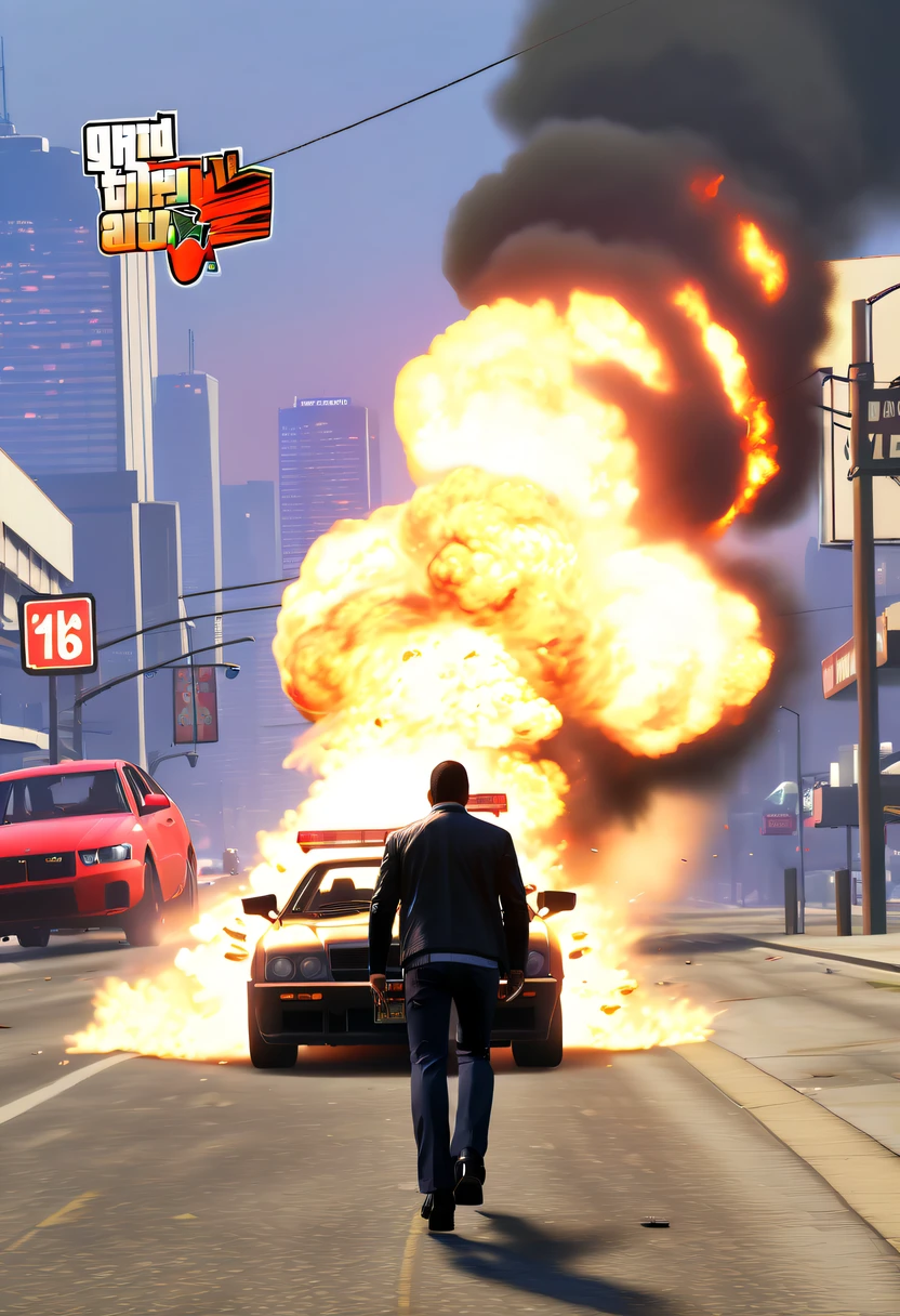 (Best quality,4K,8K,A high resolution,tmasterpiece:1.2), ultra - detailed, (actual,realistically,realisticlying:1.37), (GTA STYLE:1.5) ,A girl escapes an explosion in a car,Burning car,There are gunshots everywhere,City lights are bright at night,Reflection of neon lights on car windshield,traffic chaos, hasty, intense chase scene, Cinematic action, Night streets, high speed pursuit, on the verge of danger, the last Stand, epic showdown, dramatic climax, exciting ending, stunning  visuals, Immersive atmosphere, Detailed car model, Realistic game engine, tough environment, Dynamic camera angle, Dynamic lighting effects, Realistic gunshots, dramatic music, intense emotions.( GTA 5 cover art, GTA STYLE: 1.5),