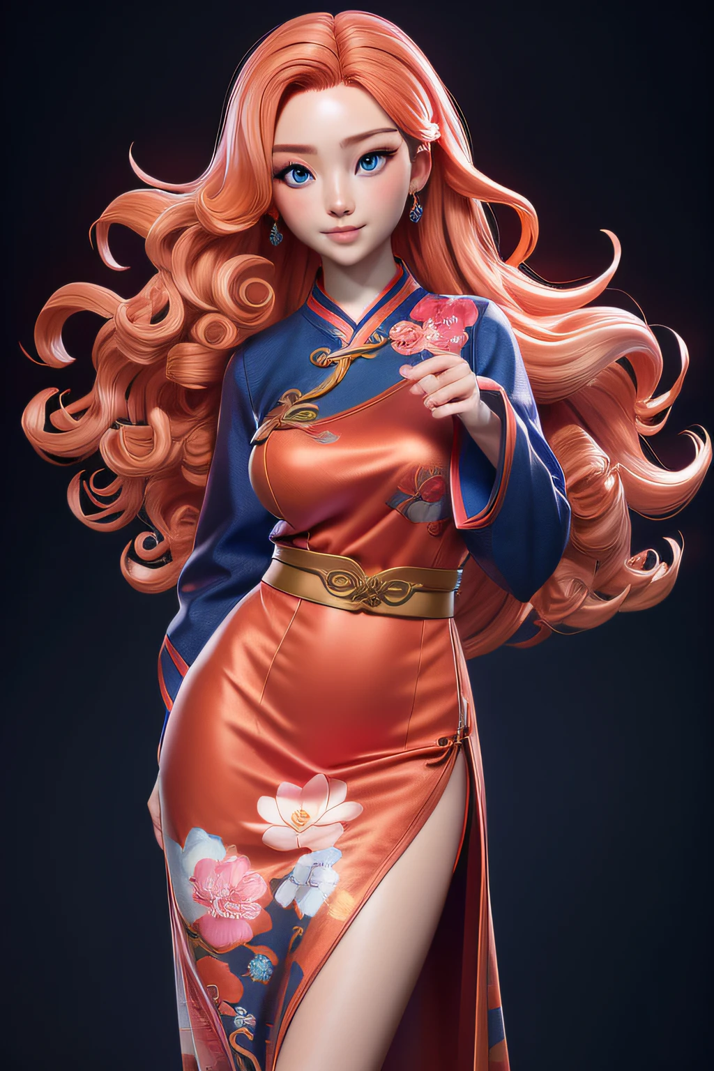Masterpiece, Best quality, 1Japanese girl, blue eyes, Pale skin, pink and orange gradient color hair, wavy hair, Curly hair, jewelry, Japanese, Dark blue cloth background, wearing a red Cheongsam Dress