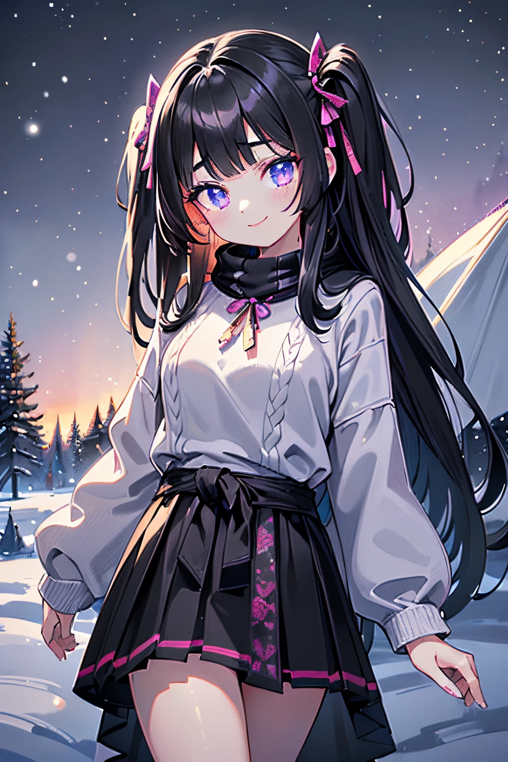 Masterpiece, high quality, super detailed, super high quality, very delicate and beautiful, female 18 years old, (((black hair two side up to waist))), bangs to eyebrows, eyes sharp and strong glossy twinkle eyes, eyebrows glossy, eye color magenta, 6.5 head tall, (((winter camping fashion in jumper skirt))), smiling, (background campsite)), night sky