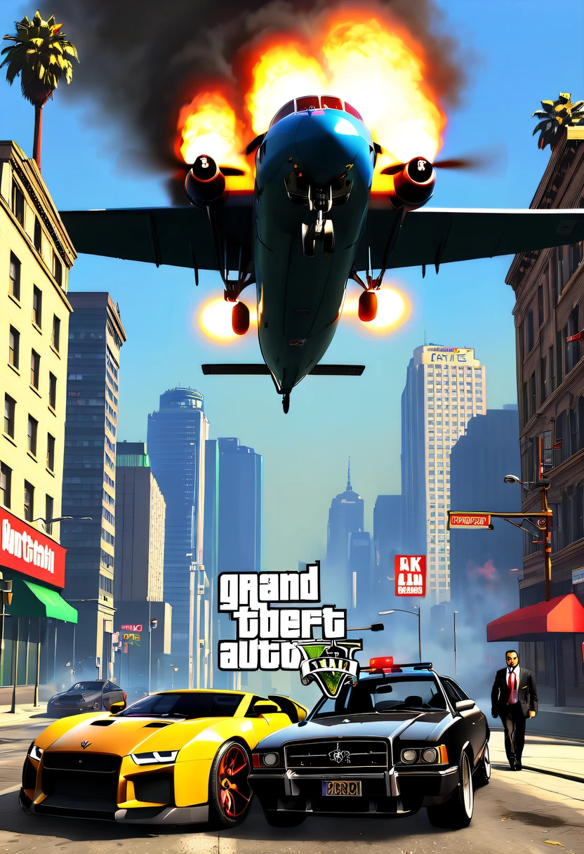 (Best quality at best,4K,8K,A high resolution,tmasterpiece:1.2),ultra - detailed,(actual,realisticlying,Photorealistic:1.37),GTA style showdown,explosive movement,high speed chase,Dystopian cityscape,Gang members,The helicopter circles,city on fire,dramatic lights,Street illuminated by neon lights,criminal mastermind,armed confrontation,Energetic graffiti,Motorcycle roars,Stylish getaway vehicle,Masked mercenary,heavy firearms,rush of excitement,Rain-soaked pavement,rotten building,Tires squeak,The sound of explosions filled the night,Suspenseful,nerve-wracking intensity,bullet time series,expensive sports car,rainbow colored smoke,Professional robbery planning,High-tech products,Illegal business,Underworld crime,dangerous mission,climactic ending,unpredictable twists and turns,Armageddontic chaos,Thrilling car stunts,emotional confrontation.(GTA 5 cover art, GTA STYLE: 1.5),