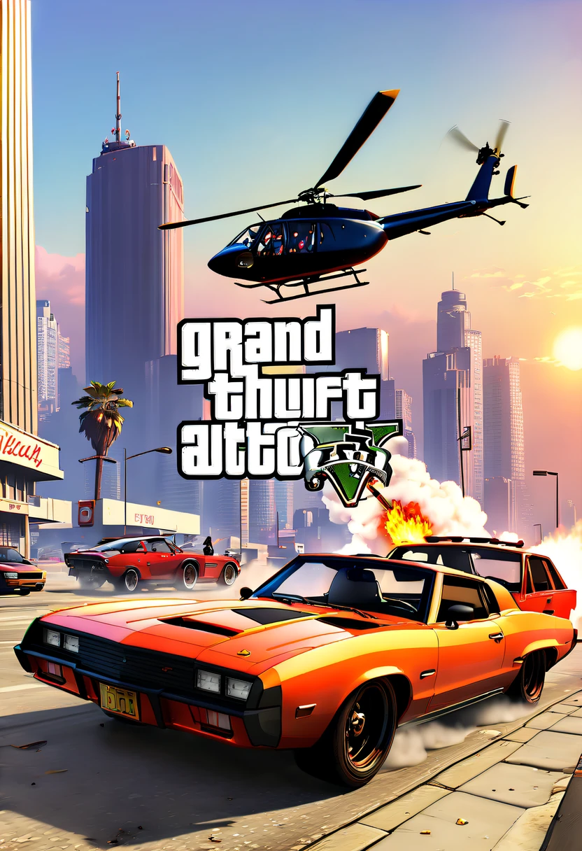 (Best quality at best,4K,8K,A high resolution,tmasterpiece:1.2),ultra - detailed,(actual,realisticlying,Photorealistic:1.37),GTA style showdown,explosive movement,high speed chase,Dystopian cityscape,Gang members,The helicopter circles,city on fire,dramatic lights,Street illuminated by neon lights,criminal mastermind,armed confrontation,Energetic graffiti,Motorcycle roars,Stylish getaway vehicle,Masked mercenary,heavy firearms,rush of excitement,Rain-soaked pavement,rotten building,Tires squeak,The sound of explosions filled the night,Suspenseful,nerve-wracking intensity,bullet time series,expensive sports car,rainbow colored smoke,Professional robbery planning,High-tech products,Illegal business,Underworld crime,dangerous mission,climactic ending,unpredictable twists and turns,Armageddontic chaos,Thrilling car stunts,emotional confrontation.(GTA 5 cover art, GTA STYLE: 1.5),