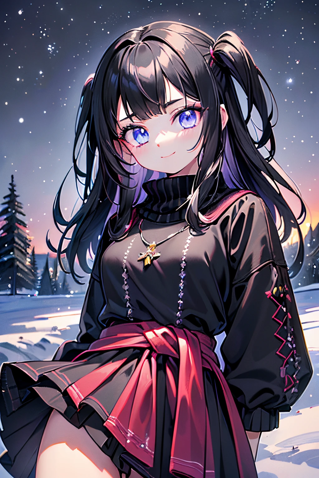 Masterpiece, high quality, super detailed, super high quality, very delicate and beautiful, female 18 years old, (((black hair two side up to waist))), bangs to eyebrows, eyes sharp and strong glossy twinkle eyes, eyebrows glossy, eye color magenta, 6.5 head tall, (((winter camping fashion in jumper skirt))), smiling, (background campsite)), night sky