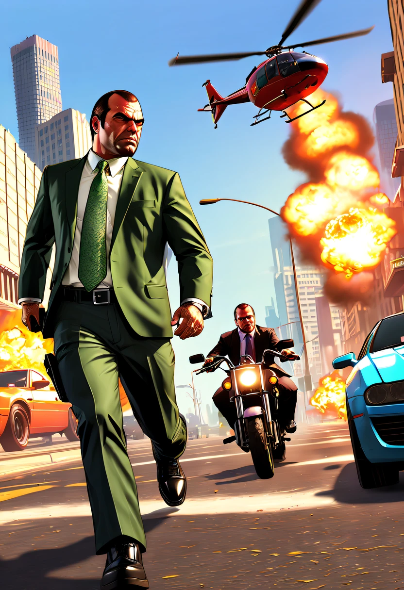 (Best quality at best,4K,8K,A high resolution,tmasterpiece:1.2),ultra - detailed,(actual,realisticlying,Photorealistic:1.37),GTA style showdown,explosive movement,high speed chase,Dystopian cityscape,Gang members,The helicopter circles,city on fire,dramatic lights,Street illuminated by neon lights,criminal mastermind,armed confrontation,Energetic graffiti,Motorcycle roars,Stylish getaway vehicle,Masked mercenary,heavy firearms,rush of excitement,Rain-soaked pavement,rotten building,Tires squeak,The sound of explosions filled the night,Suspenseful,nerve-wracking intensity,bullet time series,expensive sports car,rainbow colored smoke,Professional robbery planning,High-tech products,Illegal business,Underworld crime,dangerous mission,climactic ending,unpredictable twists and turns,Armageddontic chaos,Thrilling car stunts,emotional confrontation.(GTA 5 cover art, GTA STYLE: 1.5),