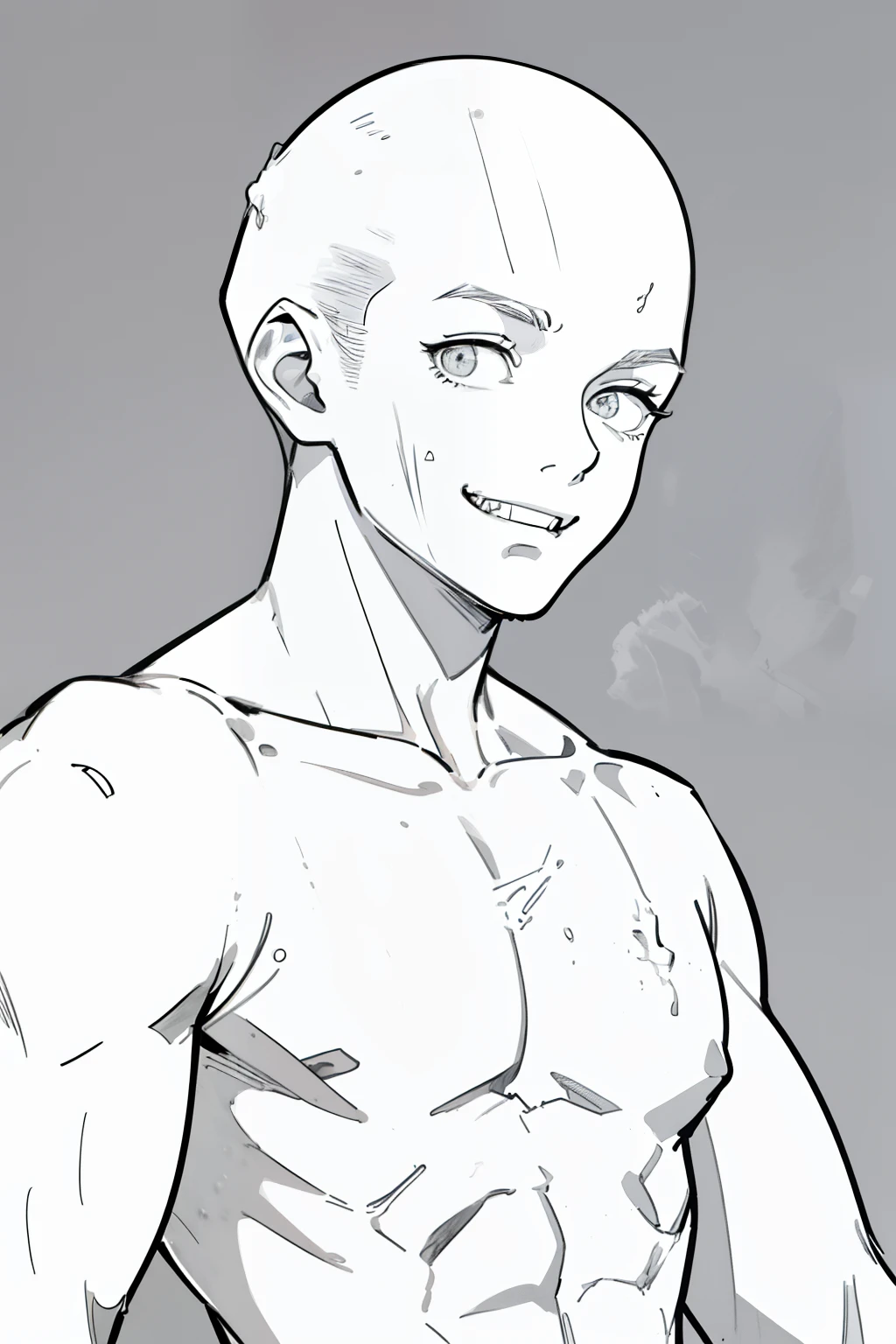 best quality, high resolution, (((clean background:2.0))), high contrast, line-drawing, monochromes, sketch, Pencil drawing, comic strip、manga comics, white background, clean line drawings, vibrant colors, Extremely detailed eyes and face, Portrait of a man, Stand quietly, ((((male)))), (((boy, solo, Lean body))), (((bald:1.00))), ((naughty expression, Smiling showing four fangs)), ((not wearing clothes:1.50)), (((nude:1.50))), (((no breasts))), upper body,