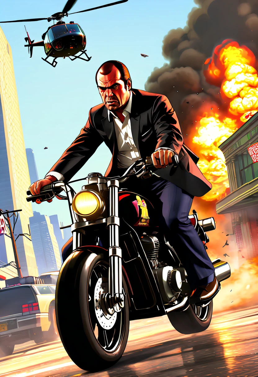 (Best quality at best,4K,8K,A high resolution,tmasterpiece:1.2),ultra - detailed,(actual,realisticlying,Photorealistic:1.37),GTA style showdown,explosive movement,high speed chase,Dystopian cityscape,Gang members,The helicopter circles,city on fire,dramatic lights,Street illuminated by neon lights,criminal mastermind,armed confrontation,Energetic graffiti,Motorcycle roars,Stylish getaway vehicle,Masked mercenary,heavy firearms,rush of excitement,Rain-soaked pavement,rotten building,Tires squeak,The sound of explosions filled the night,Suspenseful,nerve-wracking intensity,bullet time series,expensive sports car,rainbow colored smoke,Professional robbery planning,High-tech products,Illegal business,Underworld crime,dangerous mission,climactic ending,unpredictable twists and turns,Armageddontic chaos,Thrilling car stunts,emotional confrontation.(GTA 5 cover art, GTA STYLE: 1.5),