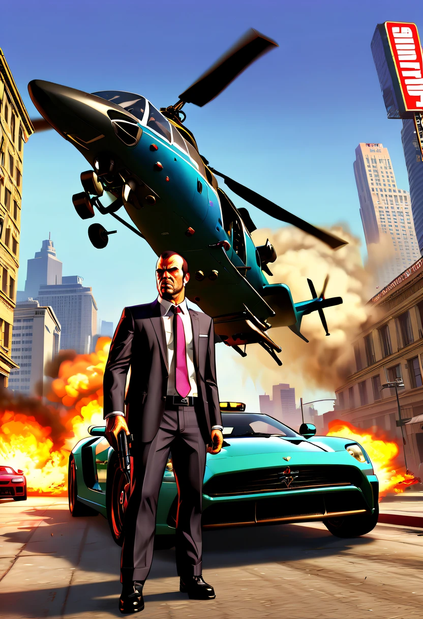(Best quality at best,4K,8K,A high resolution,tmasterpiece:1.2),ultra - detailed,(actual,realisticlying,Photorealistic:1.37),GTA style showdown,explosive movement,high speed chase,Dystopian cityscape,Gang members,The helicopter circles,city on fire,dramatic lights,Street illuminated by neon lights,criminal mastermind,armed confrontation,Energetic graffiti,Motorcycle roars,Stylish getaway vehicle,Masked mercenary,heavy firearms,rush of excitement,Rain-soaked pavement,rotten building,Tires squeak,The sound of explosions filled the night,Suspenseful,nerve-wracking intensity,bullet time series,expensive sports car,rainbow colored smoke,Professional robbery planning,High-tech products,Illegal business,Underworld crime,dangerous mission,climactic ending,unpredictable twists and turns,Armageddontic chaos,Thrilling car stunts,emotional confrontation.(GTA 5 cover art, GTA STYLE: 1.5),